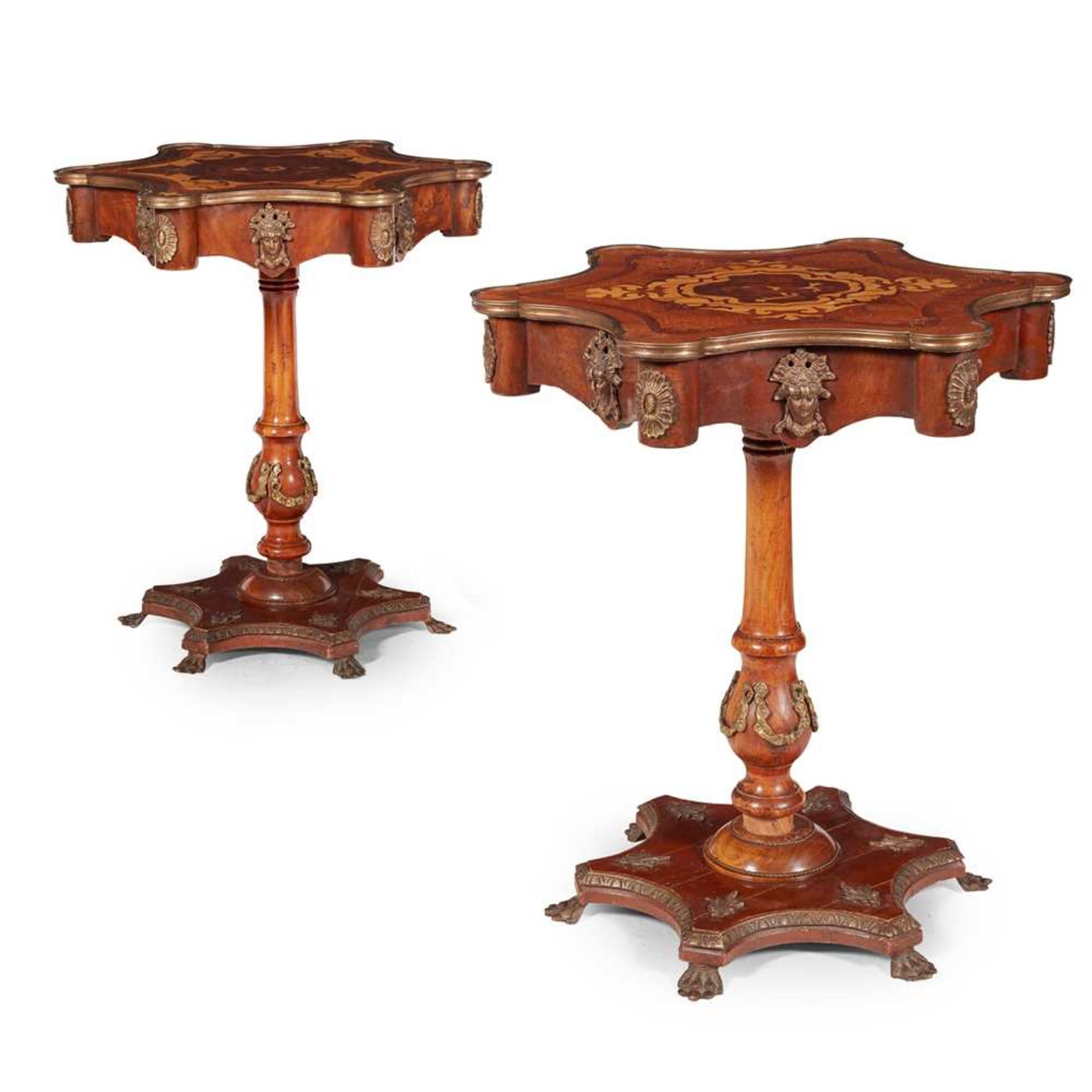 PAIR OF CONTINENTAL KINGWOOD, MARQUETRY, BRASS MOUNTED OCCASIONAL TABLES LATE 19TH CENTURY