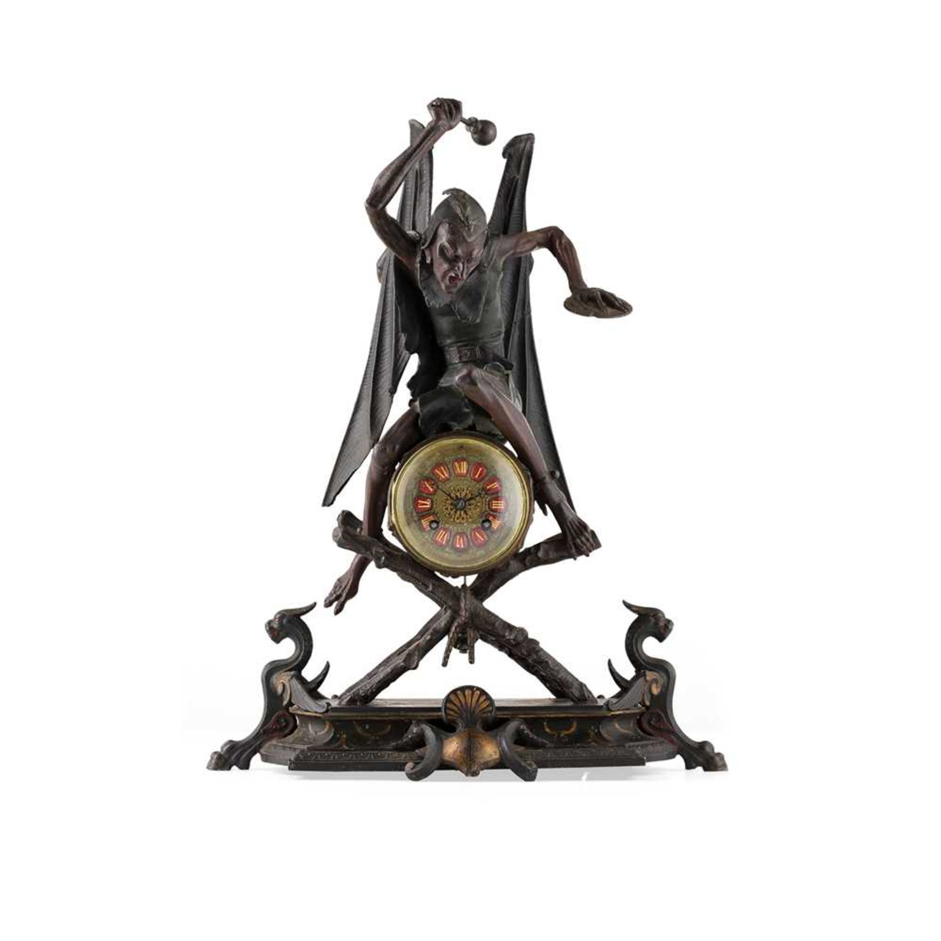 FRENCH COLD-PAINTED SPELTER 'DEVIL' MANTEL CLOCK, ATTRIBUTED TO DUFAUD, PARIS 19TH CENTURY