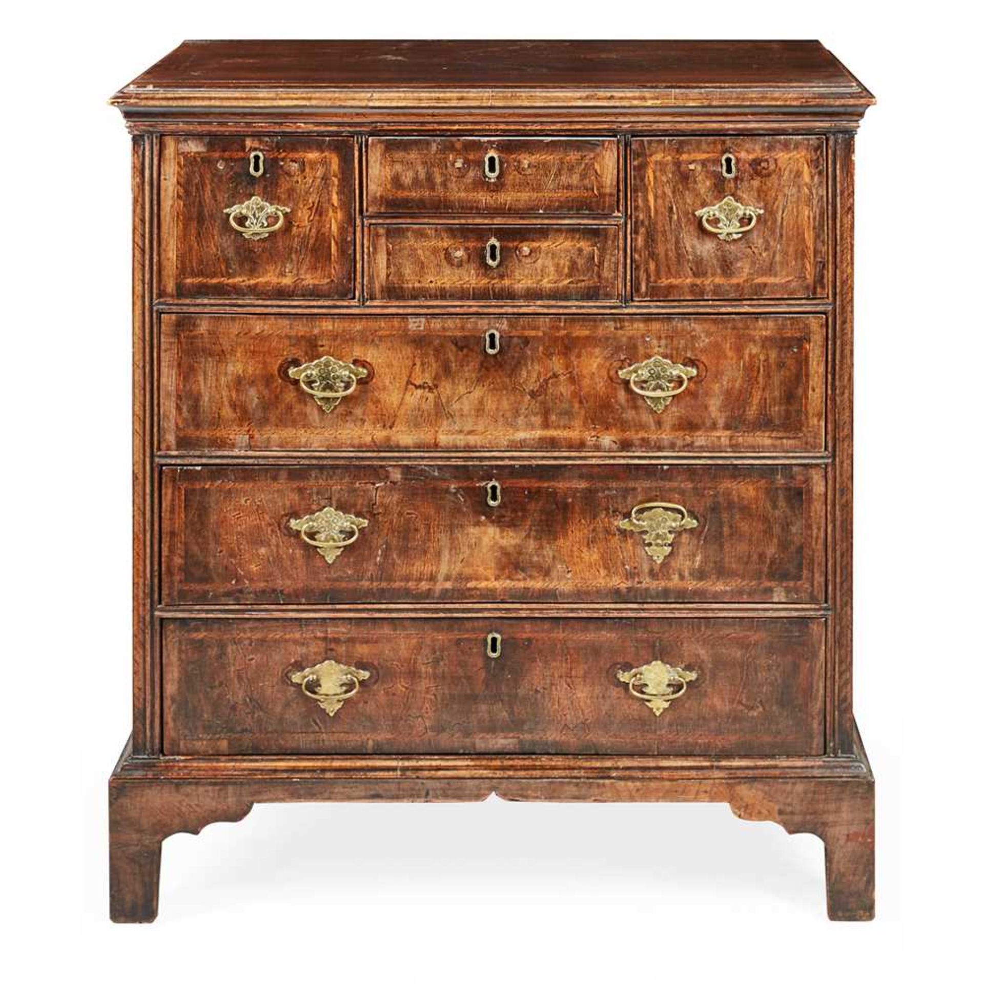 GEORGE II WALNUT AND FEATHER BANDED CHEST OF DRAWERS MID 18TH CENTURY