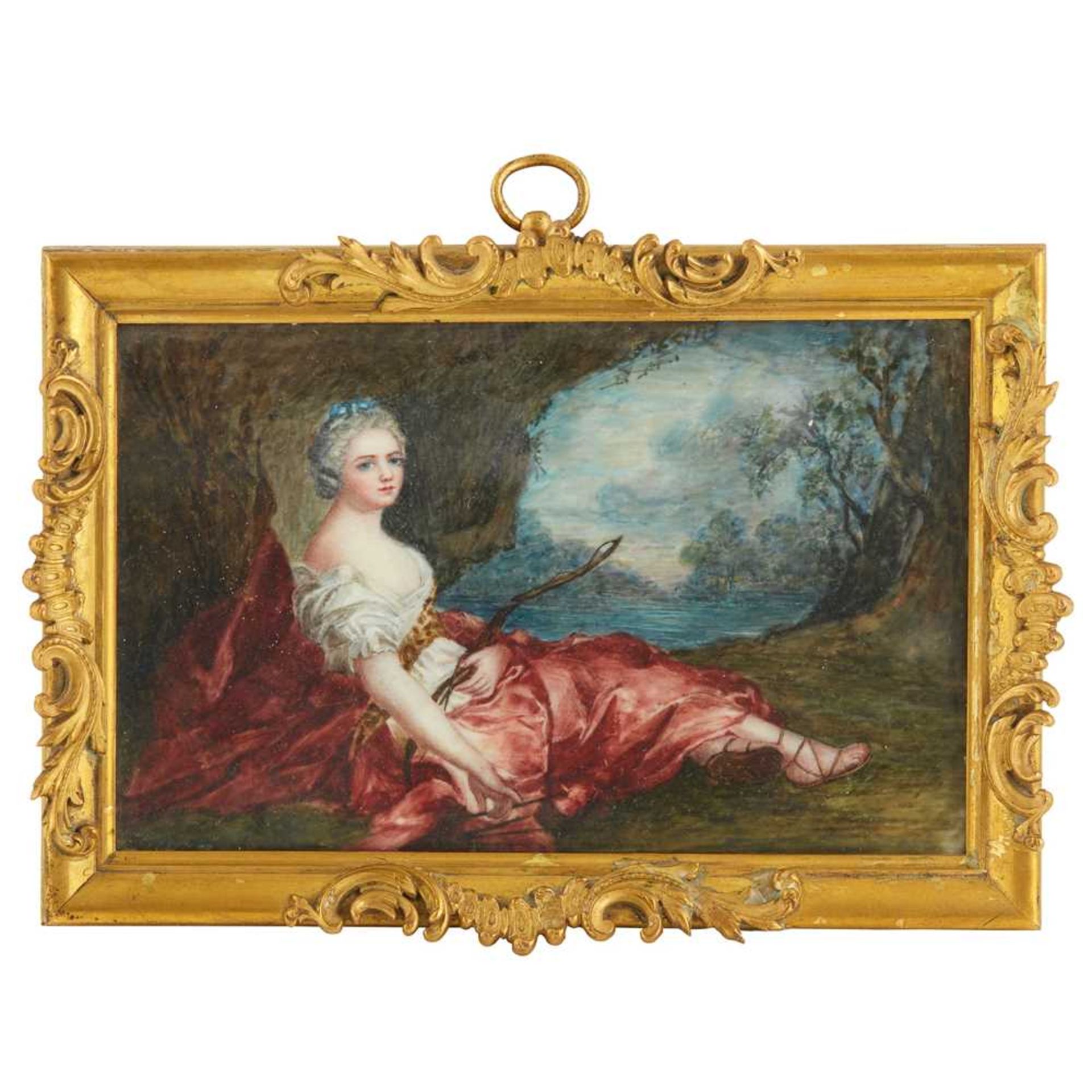 Y FRENCH SCHOOL, MINIATURE PAINTING OF A LADY AS DIANA THE HUNTRESS EARLY 19TH CENTURY