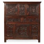 LATE GOTHIC STYLE CARVED PARCHEMIN PANEL OAK LIVERY CUPBOARD 19TH CENTURY