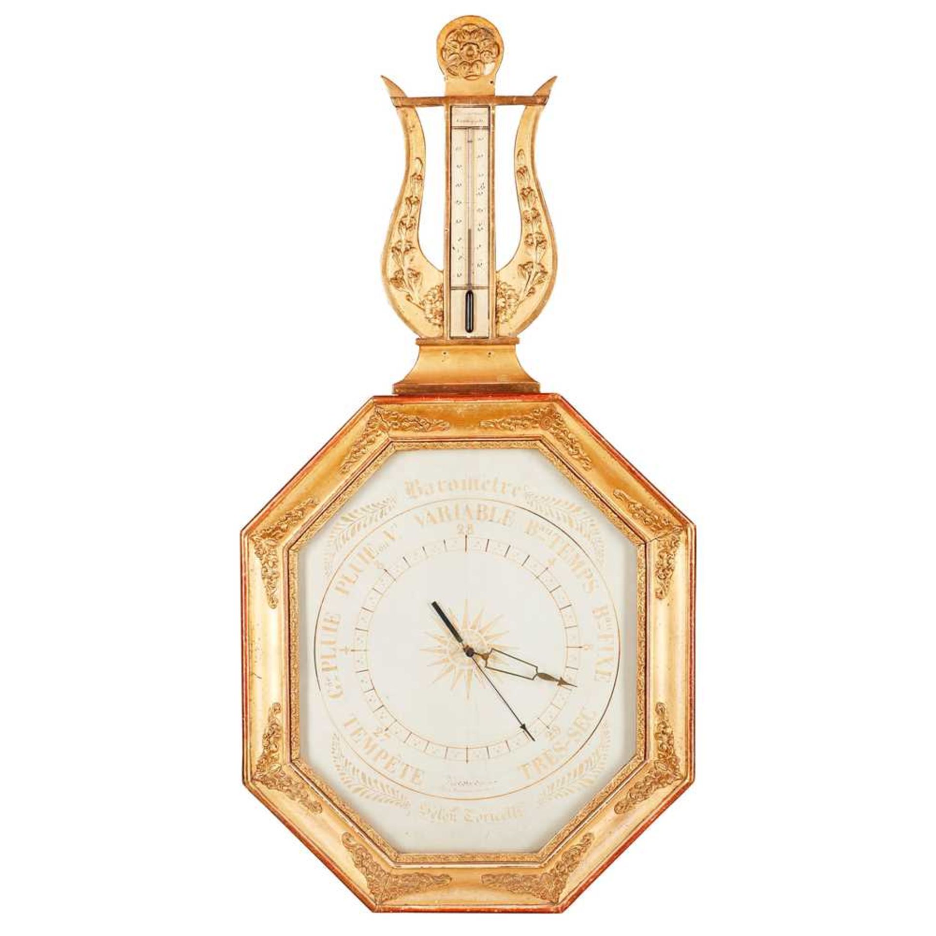 FRENCH LOUIS PHILLIPE GILTWOOD BAROMETER/ THERMOMETER, SELON TORICELLI 19TH CENTURY