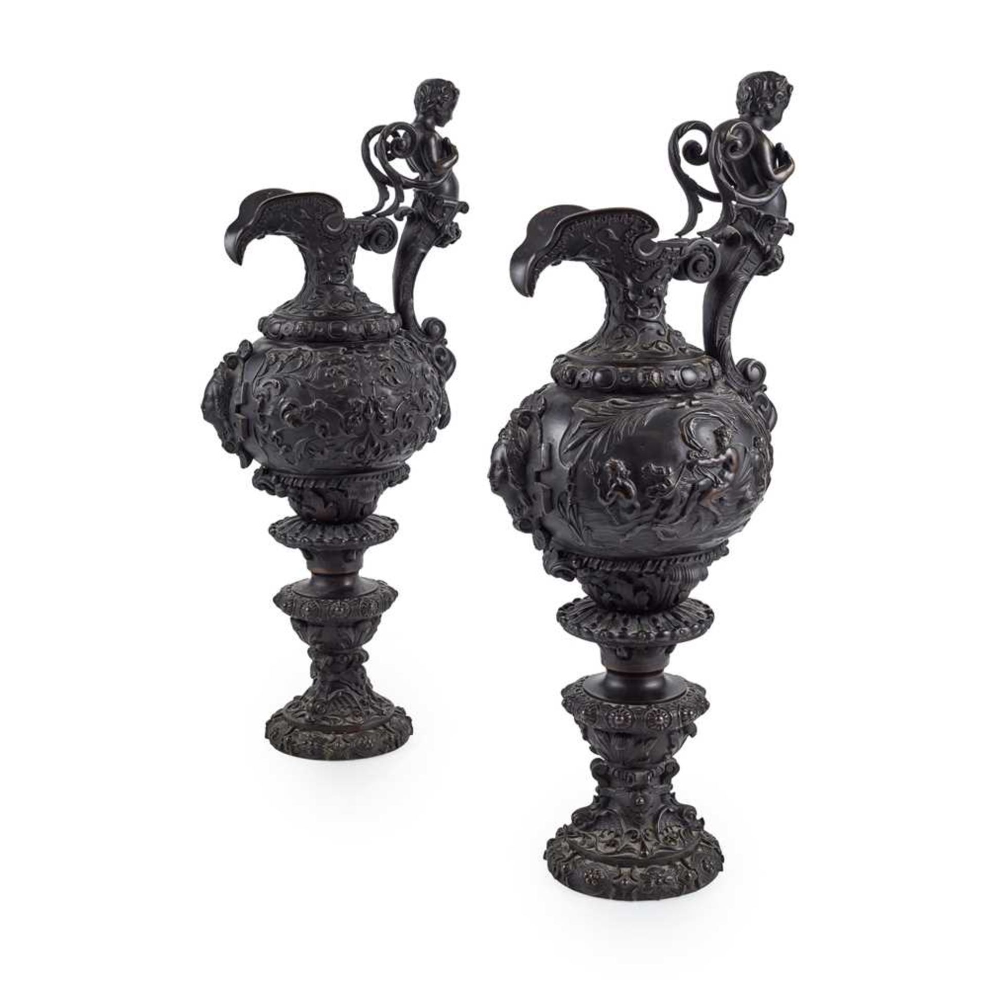 PAIR OF FRENCH RENAISSANCE STYLE BRONZE EWERS 19TH CENTURY