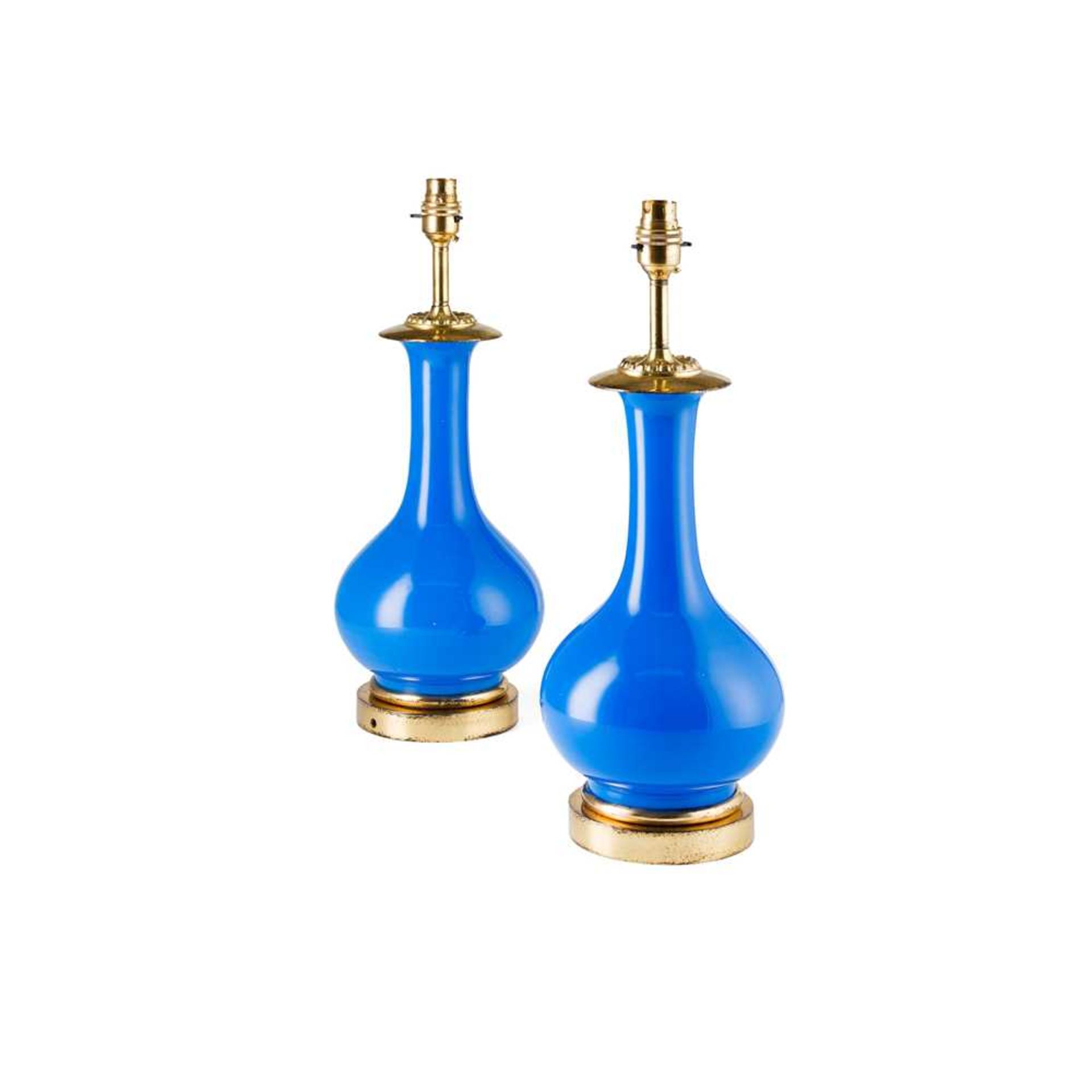 PAIR OF BLUE GLASS GILT METAL MOUNTED LAMPS LATE 19TH CENTURY - Image 2 of 2