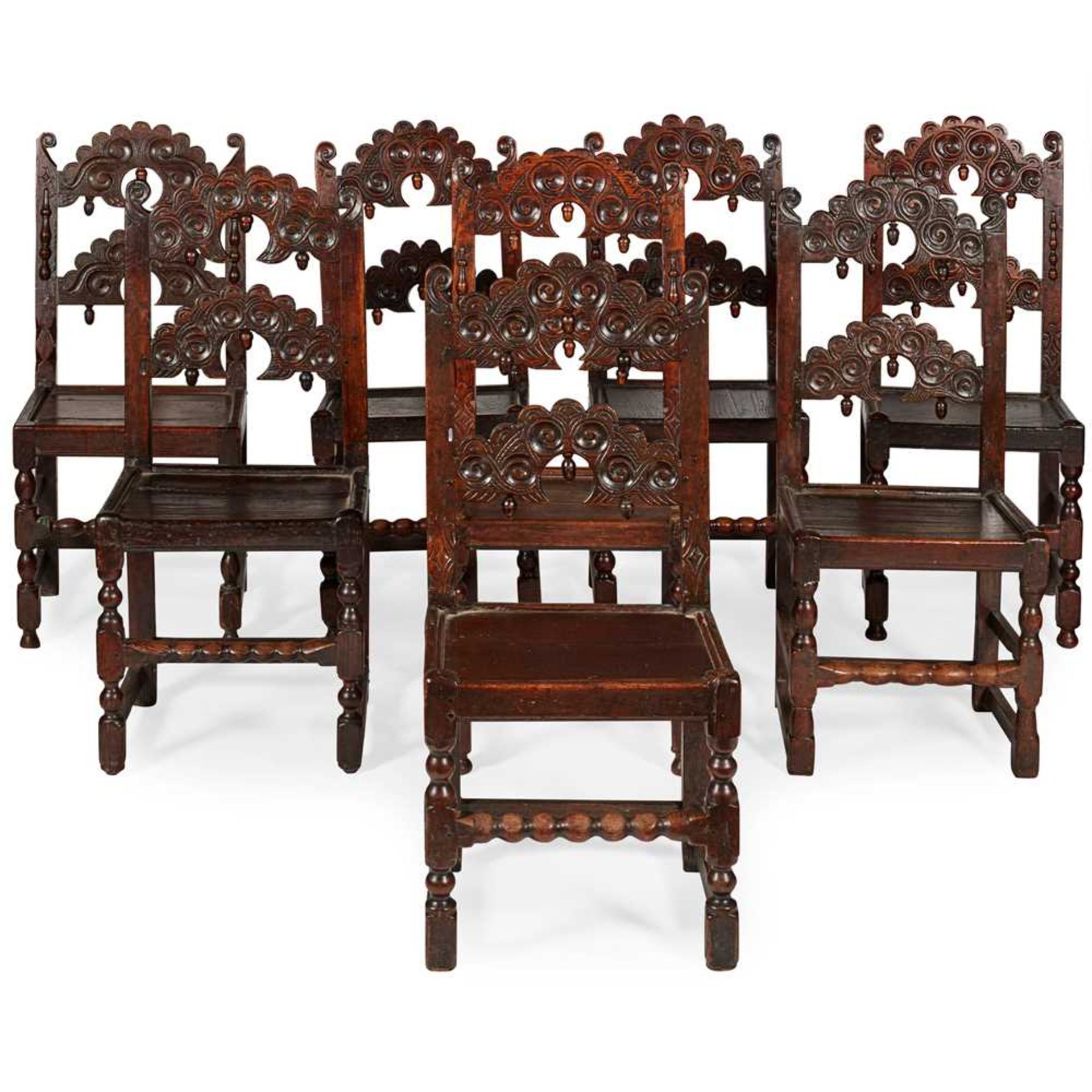MATCHED SET OF EIGHT 17TH CENTURY STYLE CARVED OAK DINING CHAIRS, PROBABLY YORKSHIRE 19TH CENTURY - Bild 2 aus 2