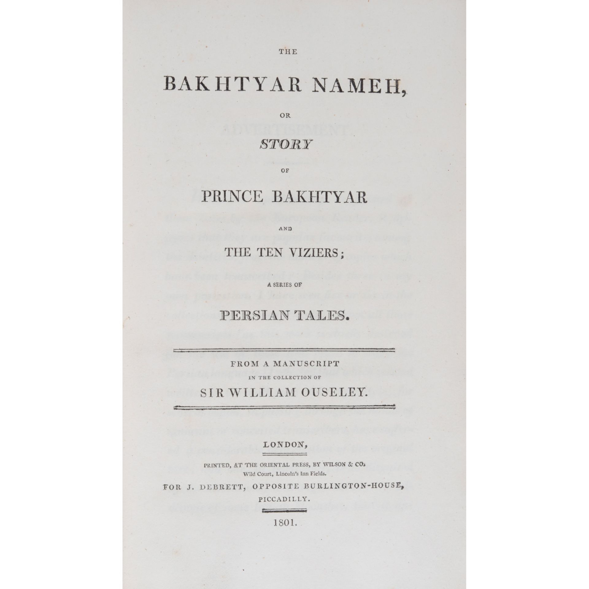 Ouseley, Sir William, translator The Bakhtyar Nameh, or Story of Prince Bakhtyar and the Ten