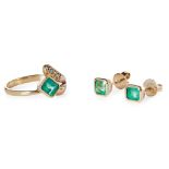 An emerald and diamond set ring and matching earrings