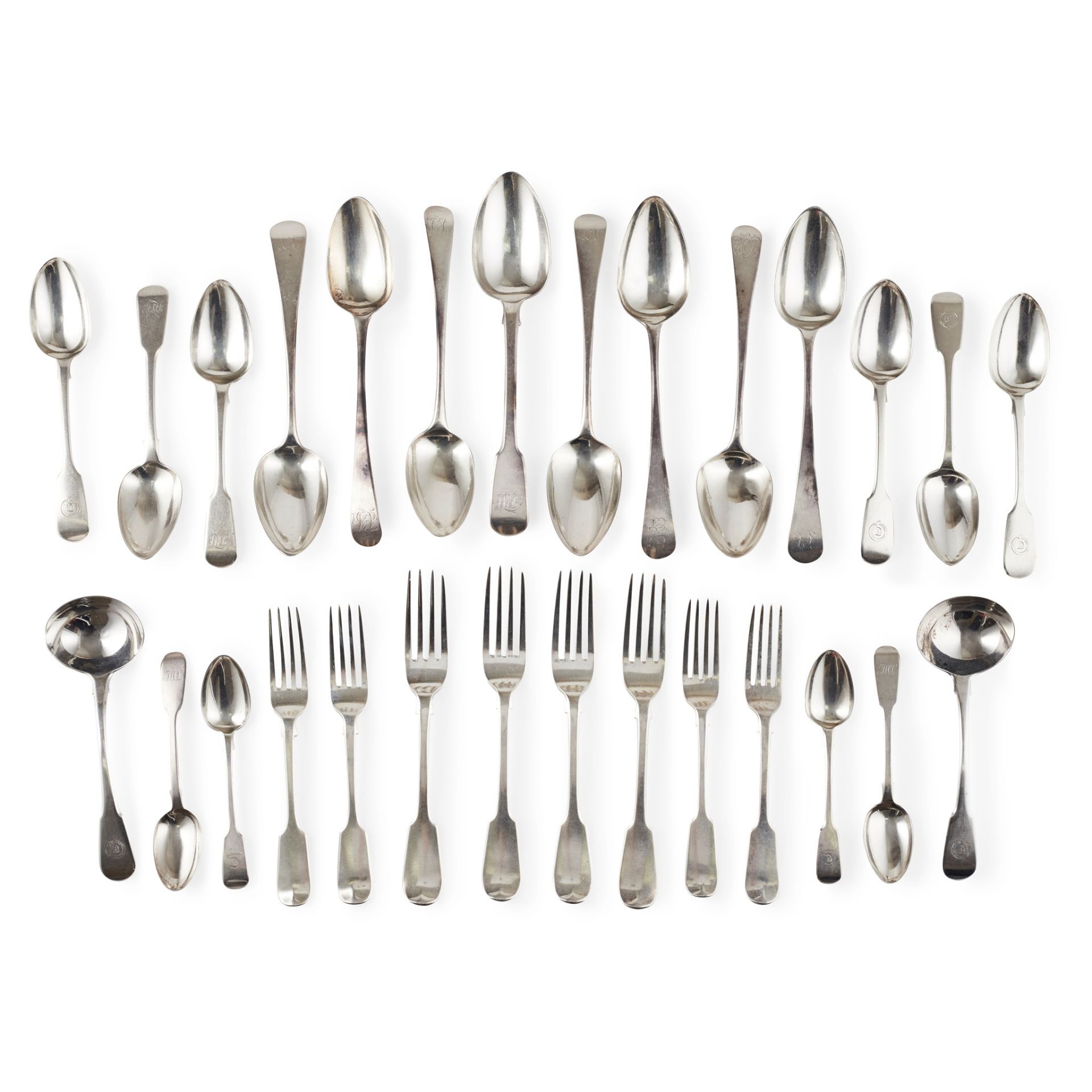 A composite group of fiddle pattern flatware