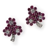 A pair of Burmese ruby and diamond cluster earrings