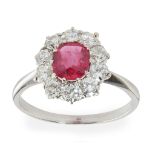 A Burmese ruby and diamond cluster ring