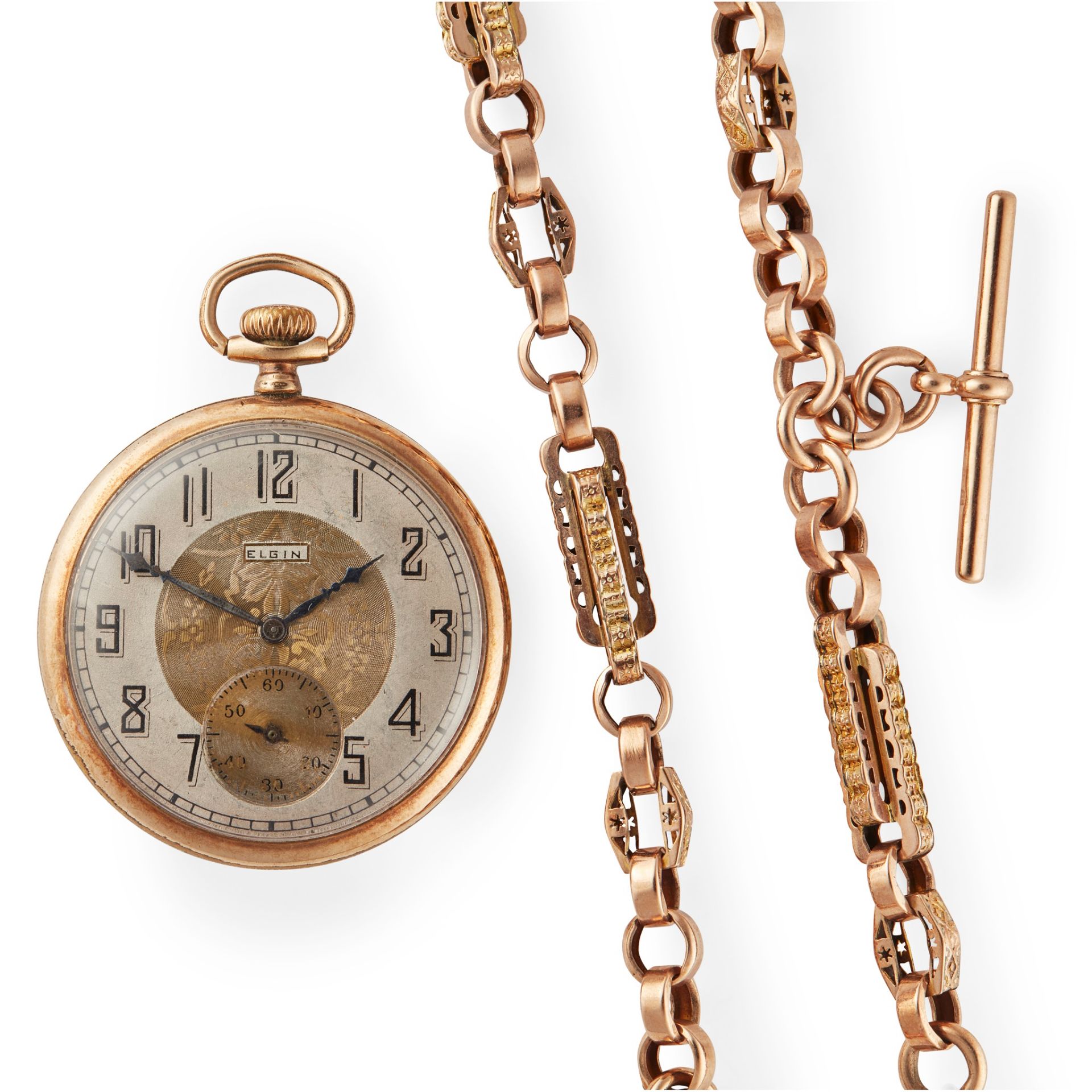 Elgin: a gold plated pocket watch and chain