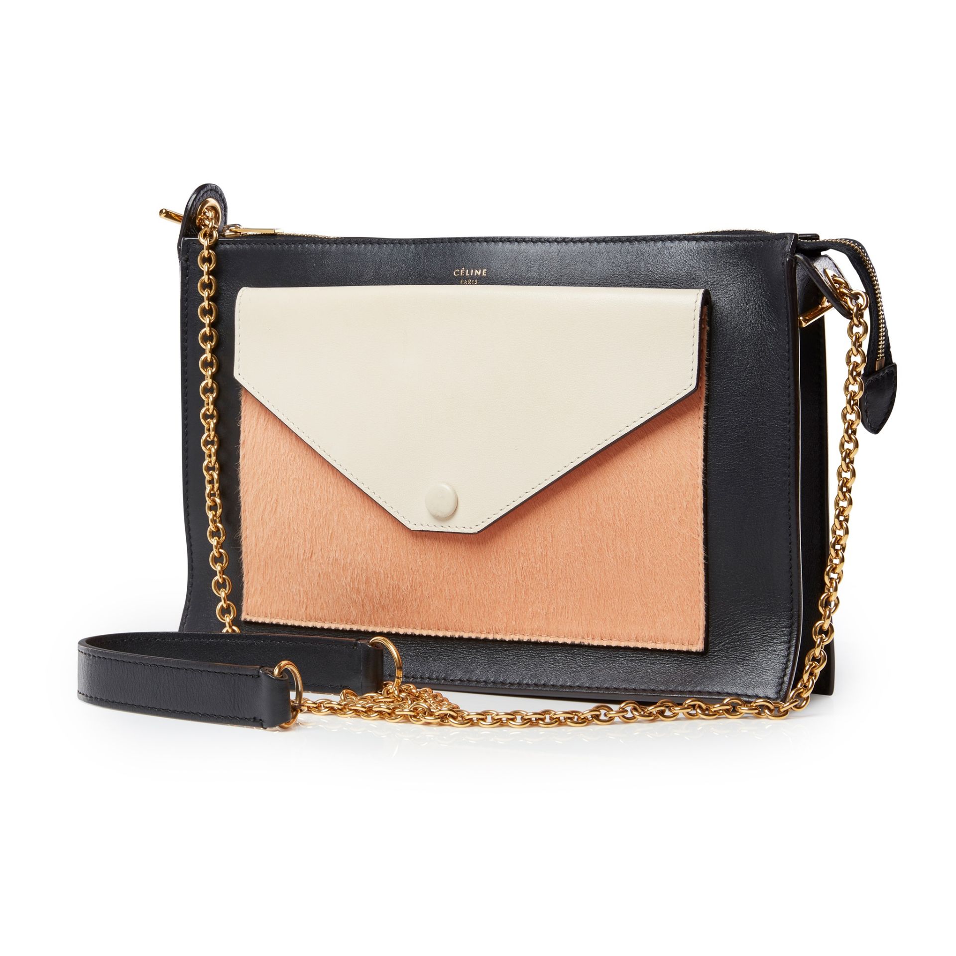 A tri-coloured chain front flap shoulder bag, Celine