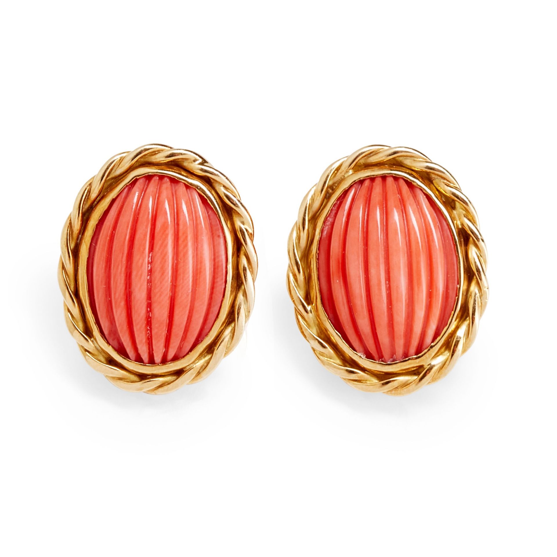A pair of 18ct gold coral earrings, Eric N Smith