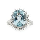 An aquamarine and diamond set cluster ring