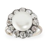 A natural pearl and diamond set cluster ring