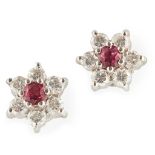 A pair of ruby and diamond set cluster earrings