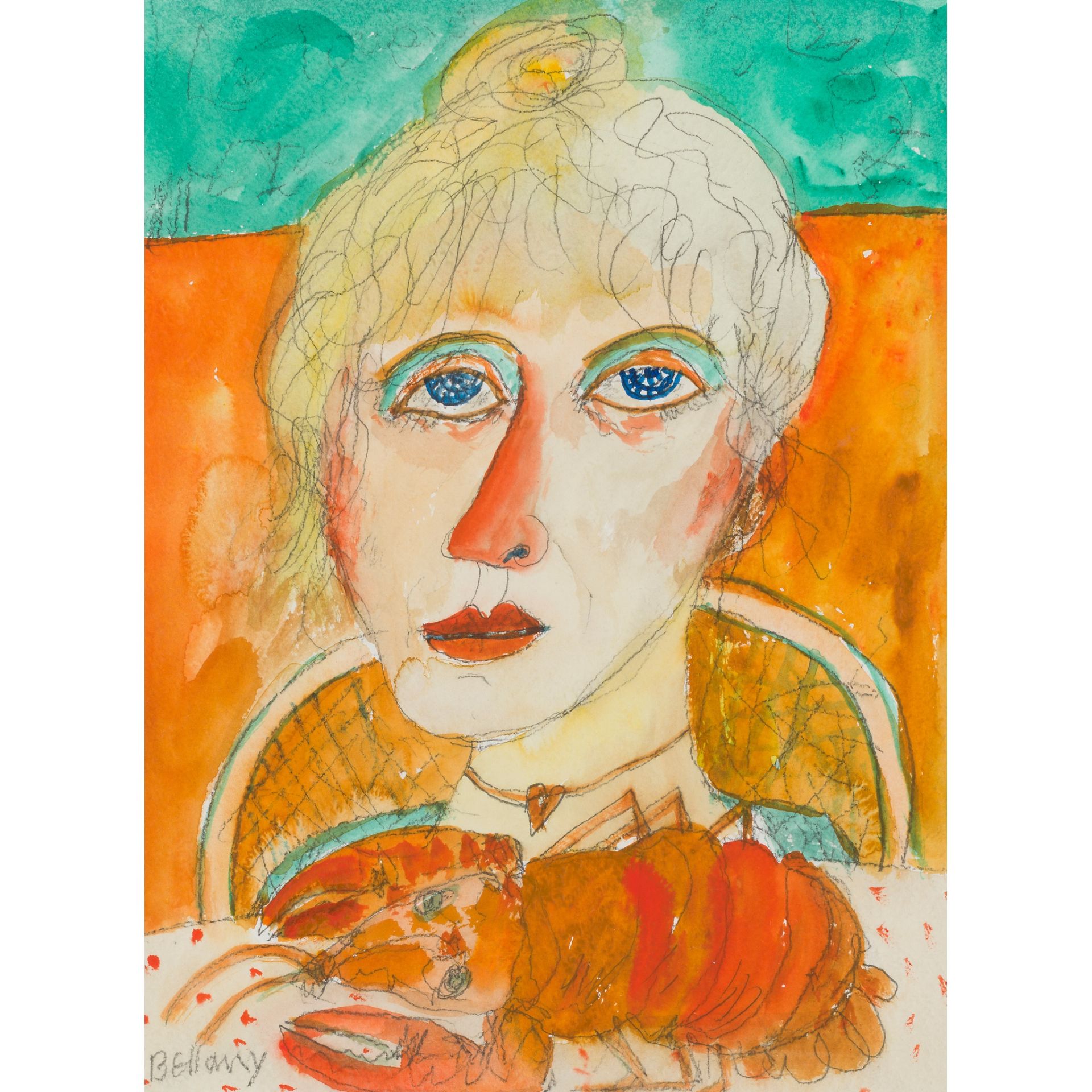 § JOHN BELLANY C.B.E., R.A. (SCOTTISH 1942-2013) WOMAN WITH LOBSTER