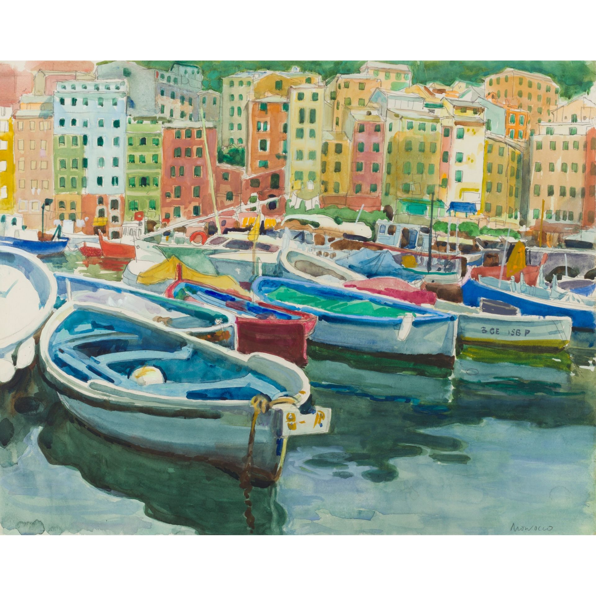 § ALBERTO MORROCCO R.S.A., R.S.W., R.P., R.G.I., L.L.D (SCOTTISH 1917-1999) THE HARBOUR AT CAMOGLI