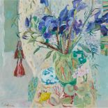 § BRENDA LENAGHAN R.S.W. (SCOTTISH 1941-2020) STILL LIFE WITH IRISES