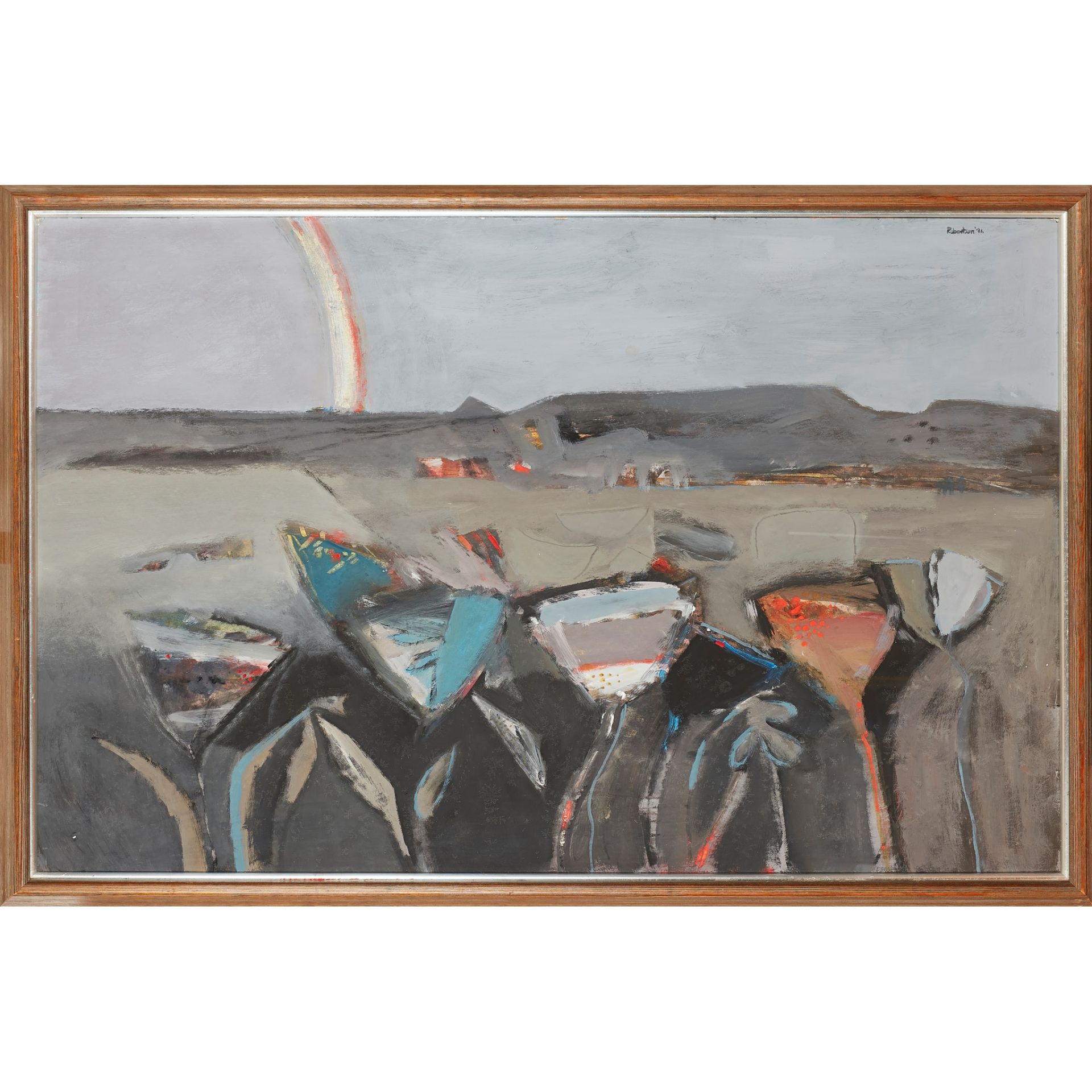 § JAMES DOWNIE ROBERTSON M.B.E., R.S.A., R.S.W., R.G.I. (SCOTTISH b.1931-d.2010) LANDSCAPE WITH - Image 2 of 3