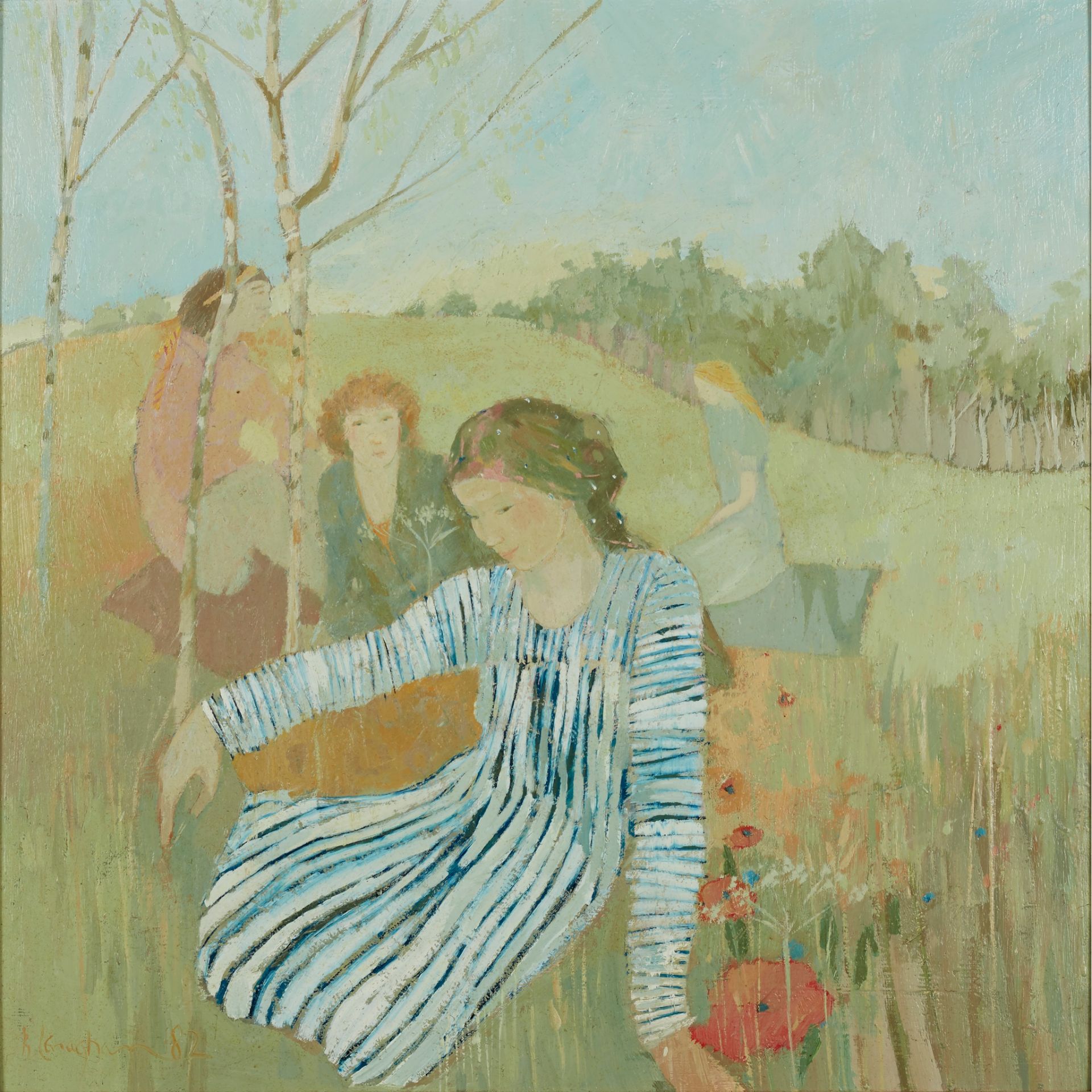 § BRENDA LENAGHAN R.S.W. (SCOTTISH 1941-2020) FIGURES IN A MEADOW