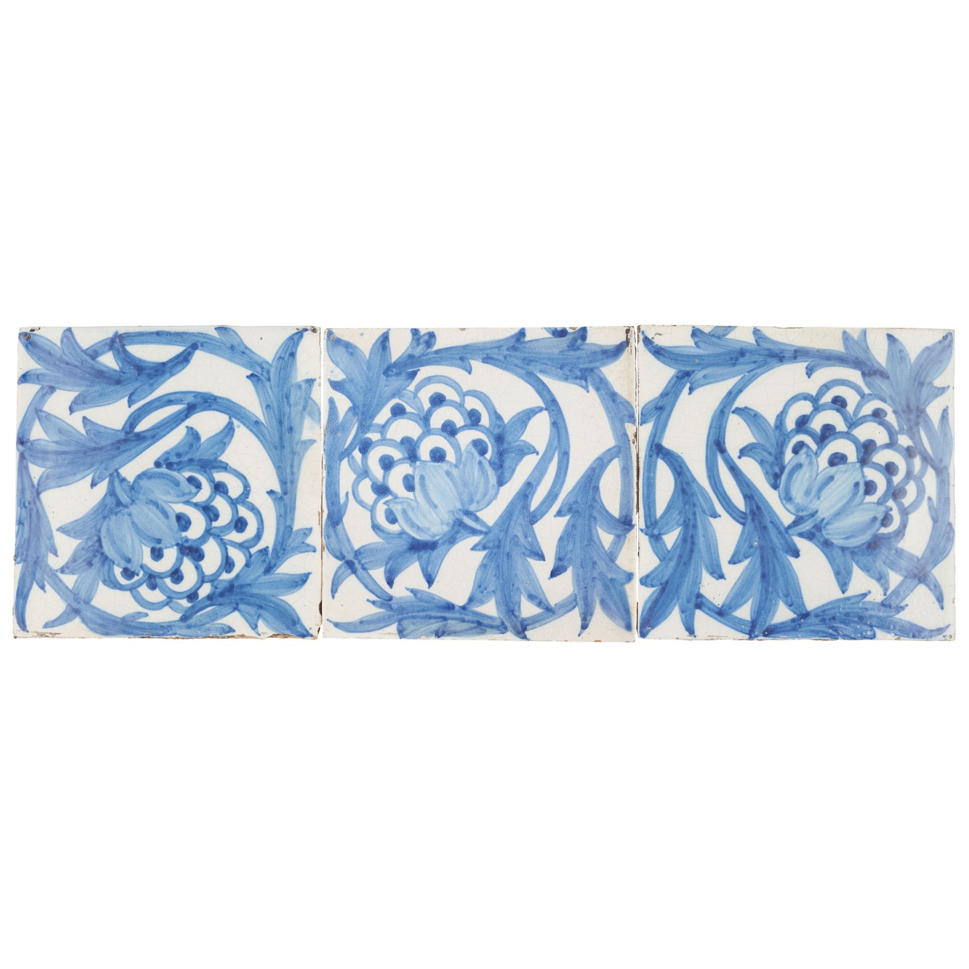 WILLIAM DE MORGAN (1839-1917) FOR MORRIS & COMPANY THREE RARE 'BLUE ARTICHOKE' WALL TILES, CIRCA