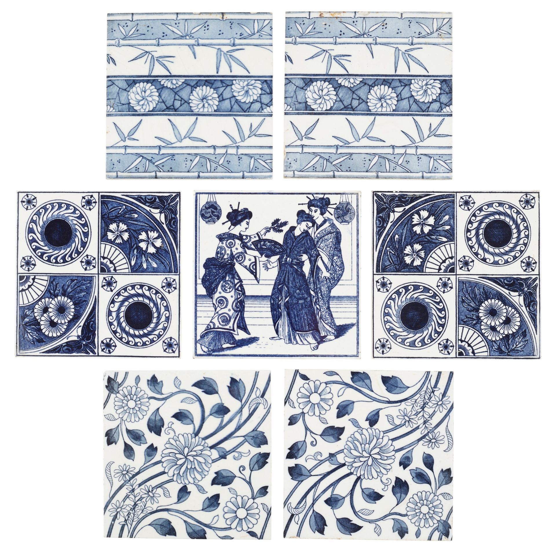MINTON'S CHINA WORKS AND MAW & CO. GROUP OF SEVEN AESTHETIC MOVEMENT WALL TILES, CIRCA 1880