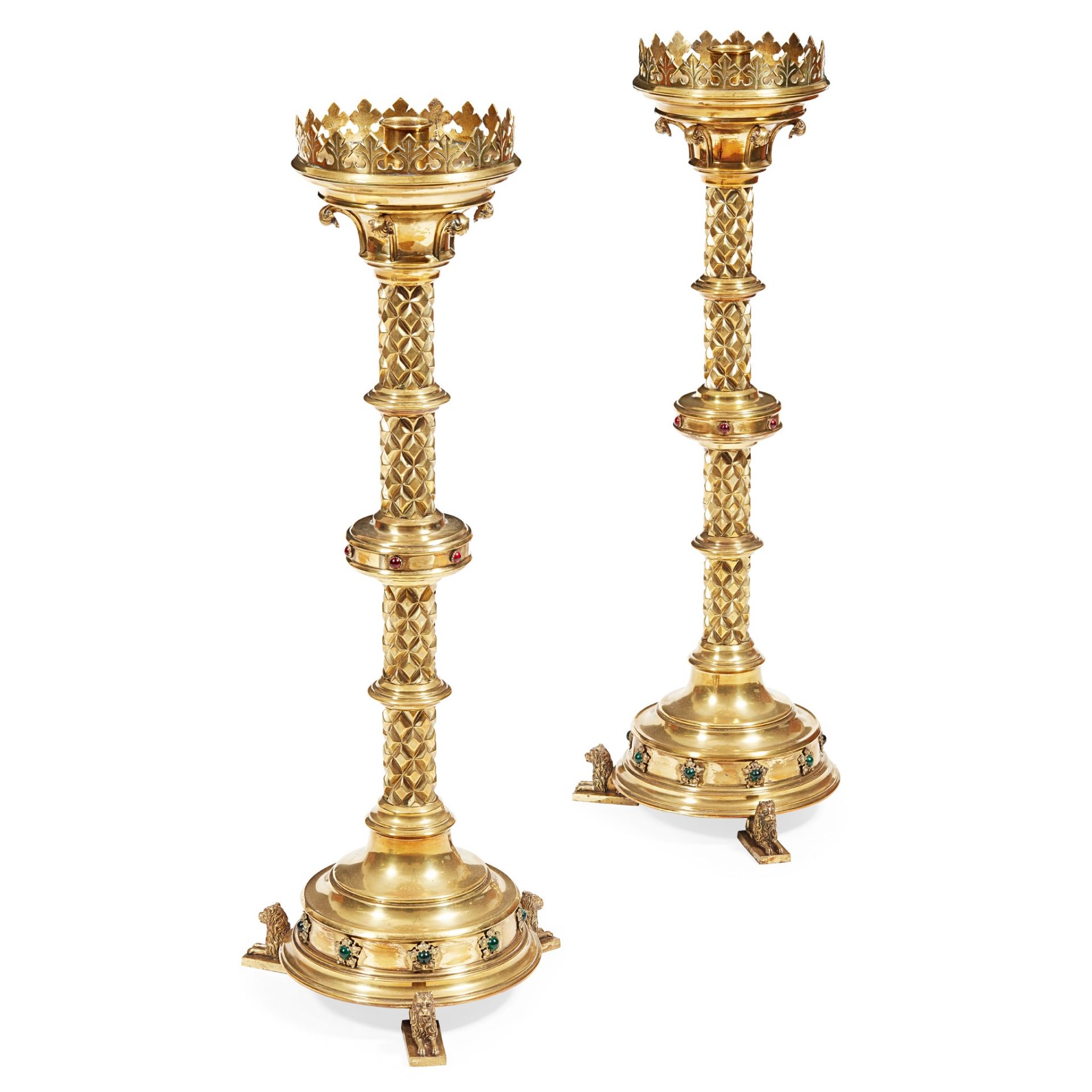 ATTRIBUTED TO HART, SON, PEARD & CO. LARGE PAIR OF GOTHIC REVIVAL CANDLESTICKS, CIRCA 1880