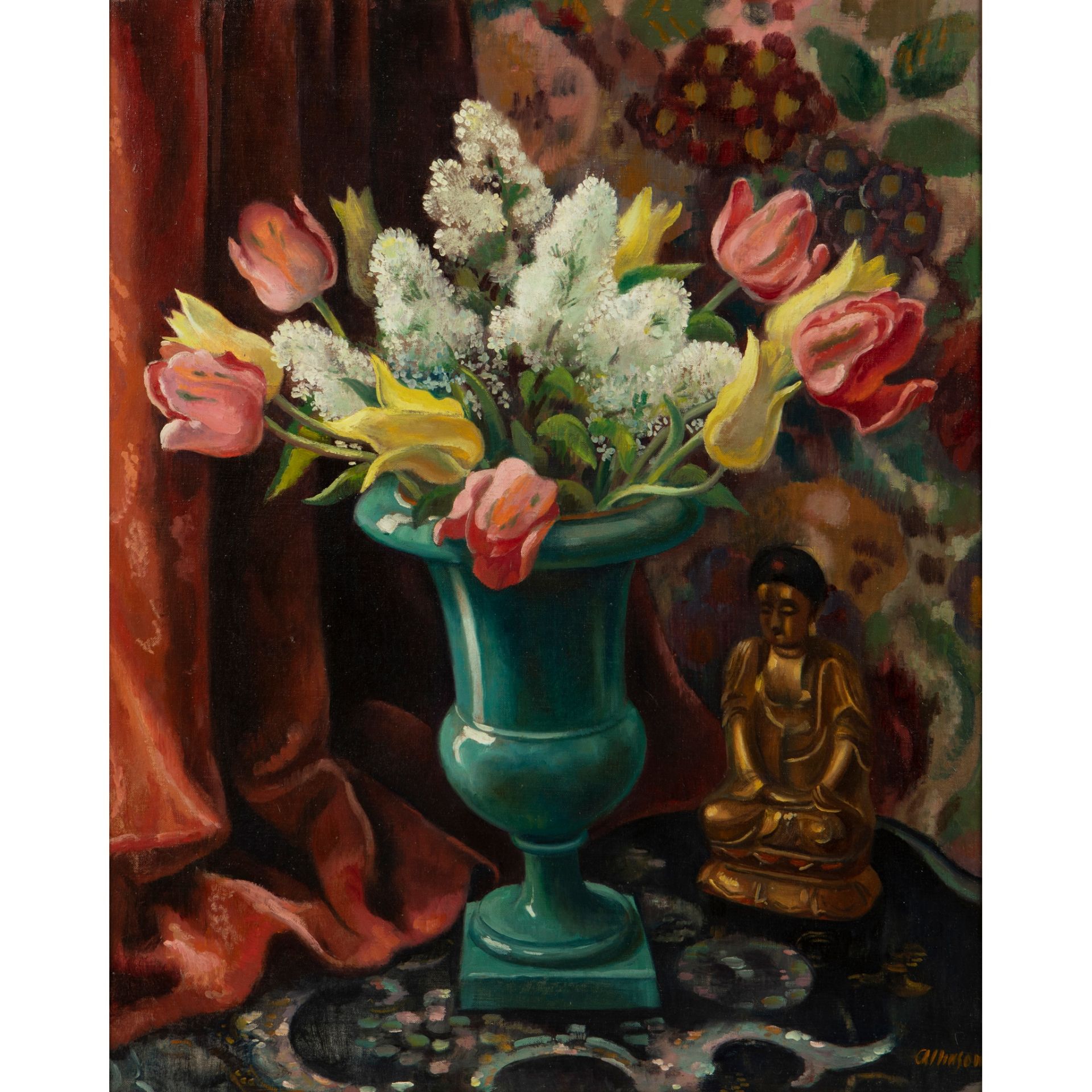 § ADRIAN ALLINSON (BRITISH 1890-1959) STILL LIFE WITH FLOWERS AND STATUE - Image 2 of 5