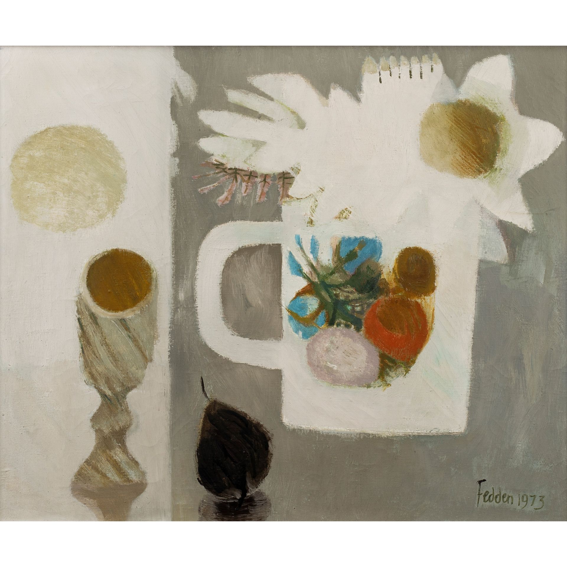 § MARY FEDDEN O.B.E. R.A. R.W.A. (BRITISH 1915-2012) STILL LIFE WITH JUG AND FRUIT, 1973