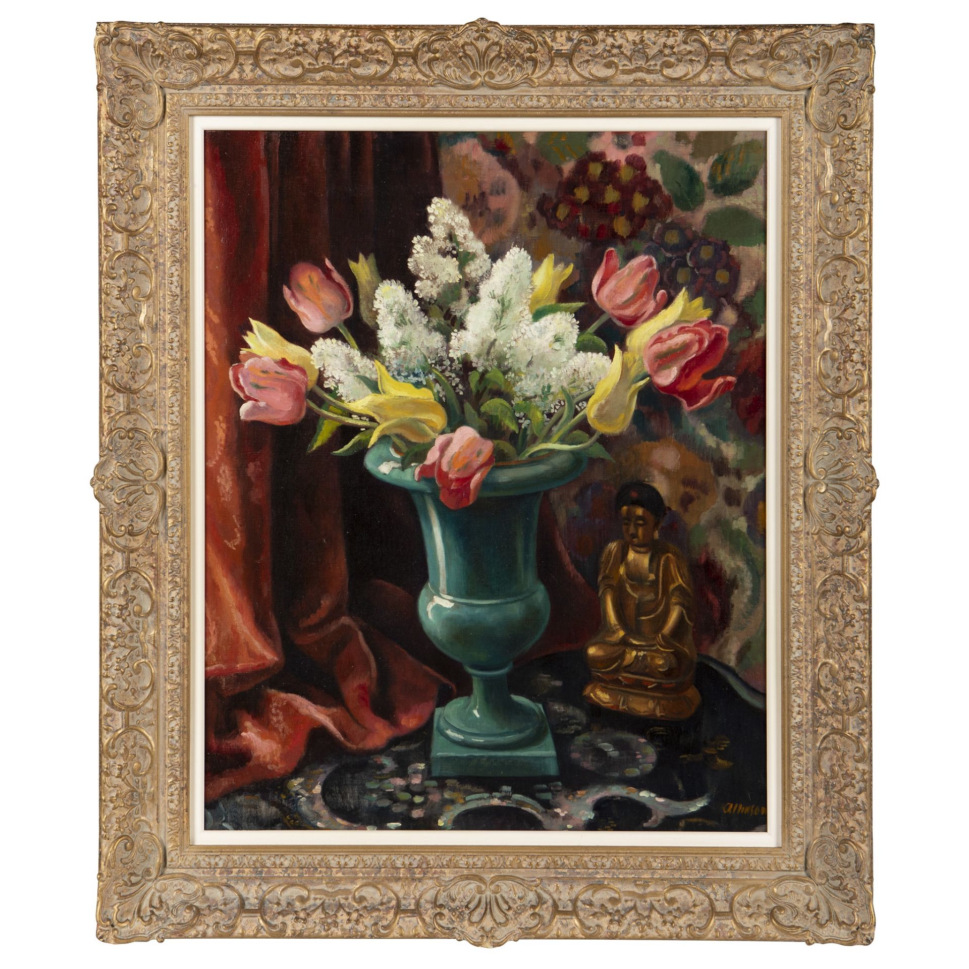§ ADRIAN ALLINSON (BRITISH 1890-1959) STILL LIFE WITH FLOWERS AND STATUE - Image 3 of 5