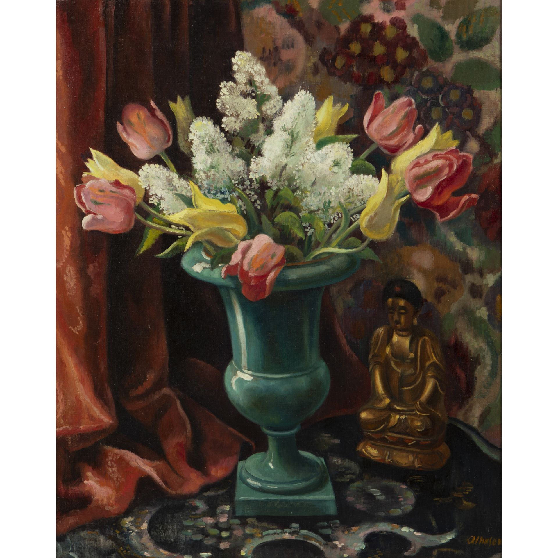 § ADRIAN ALLINSON (BRITISH 1890-1959) STILL LIFE WITH FLOWERS AND STATUE
