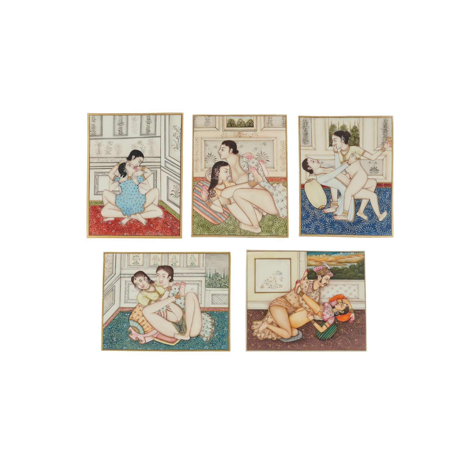 Y GROUP OF FIVE EROTIC PAINTINGS ON IVORY INDIA, 19TH CENTURY