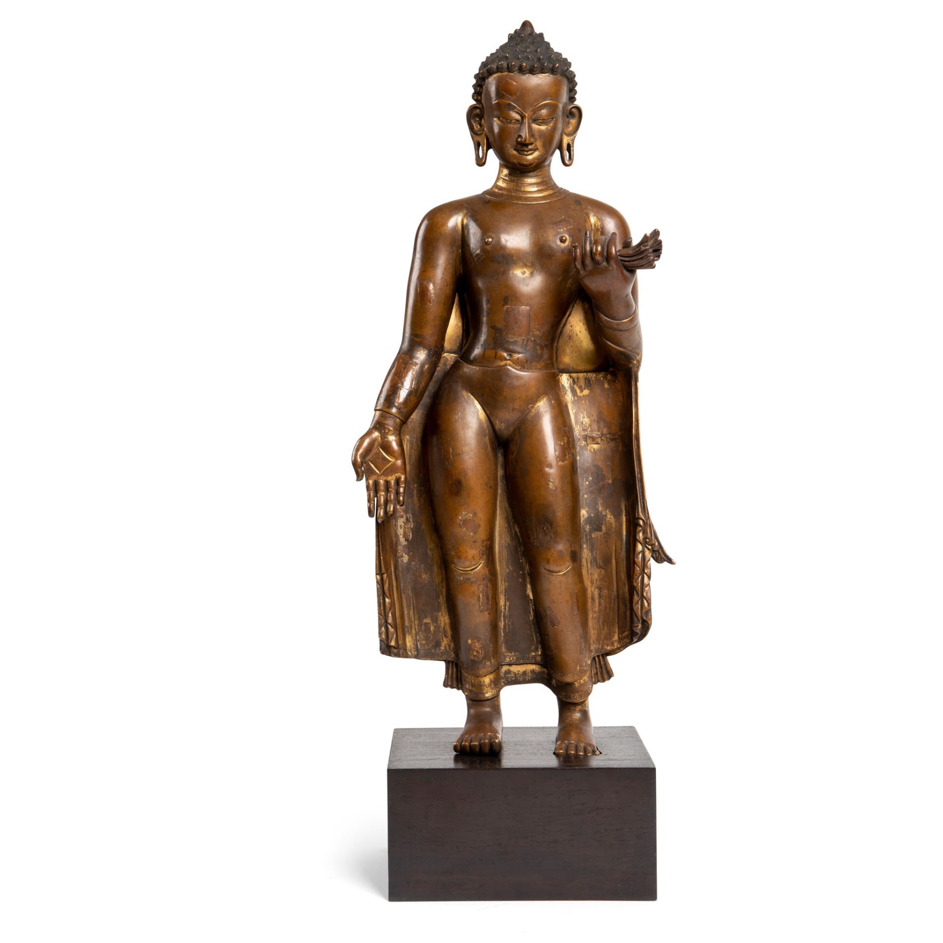 GILT BRONZE STANDING FIGURE OF BUDDHA SHAKYAMUNI POSSIBLY NEPAL - Image 2 of 7