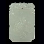PALE CELADON ' SCHOLAR PLAYING MUSIC' JADE PLAQUE QING DYNASTY, 19TH CENTURY