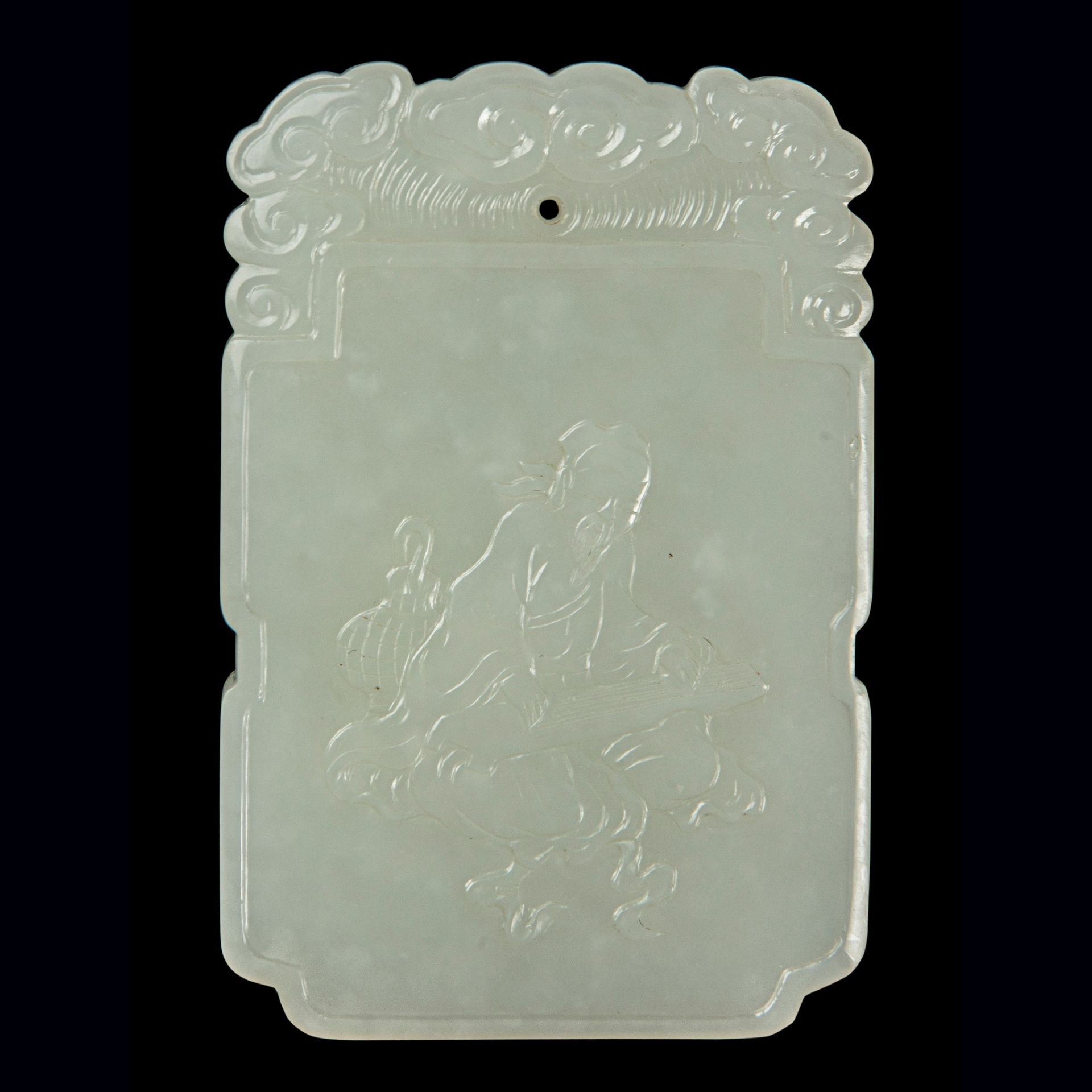 PALE CELADON ' SCHOLAR PLAYING MUSIC' JADE PLAQUE QING DYNASTY, 19TH CENTURY