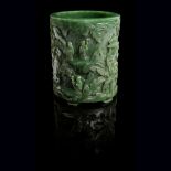 SPINACH-GREEN JADE 'SCHOLARS' BRUSH POT QING DYNASTY, 19TH CENTURY