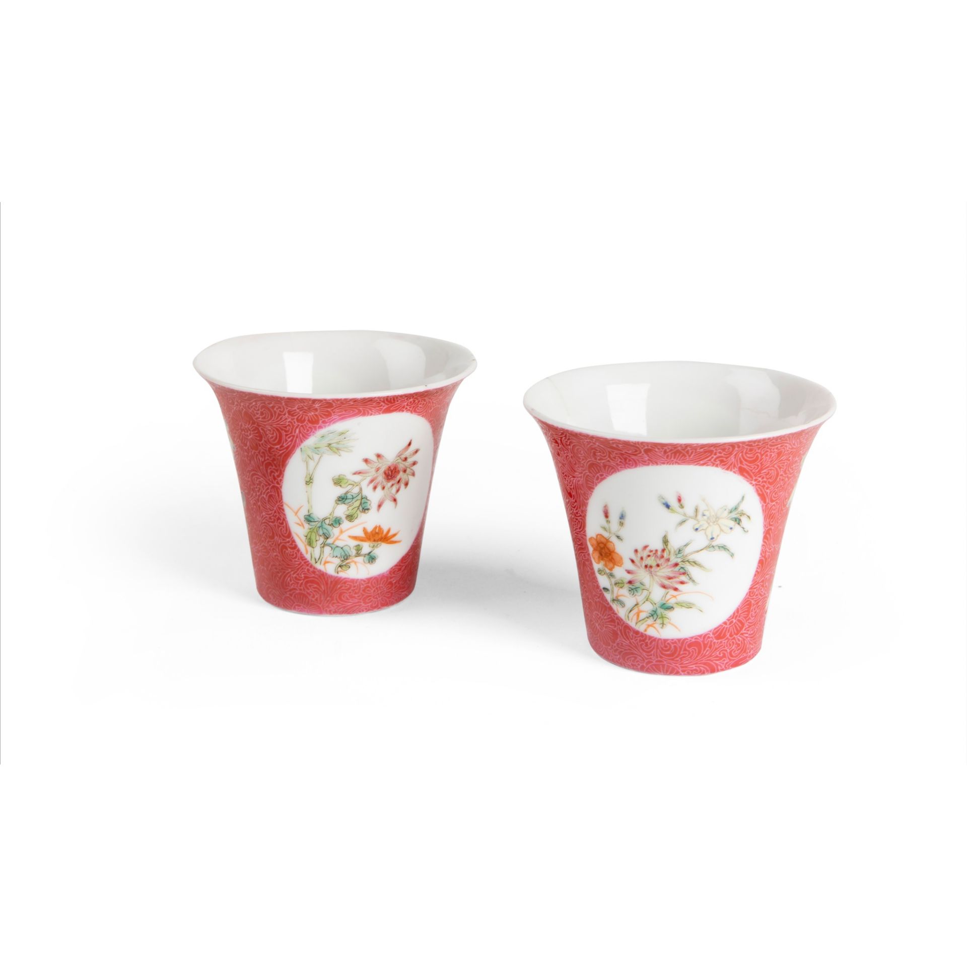 PAIR OF FAMILLE ROSE PINK-GROUND CUPS HONGXIAN MARK, REPUBLIC PERIOD