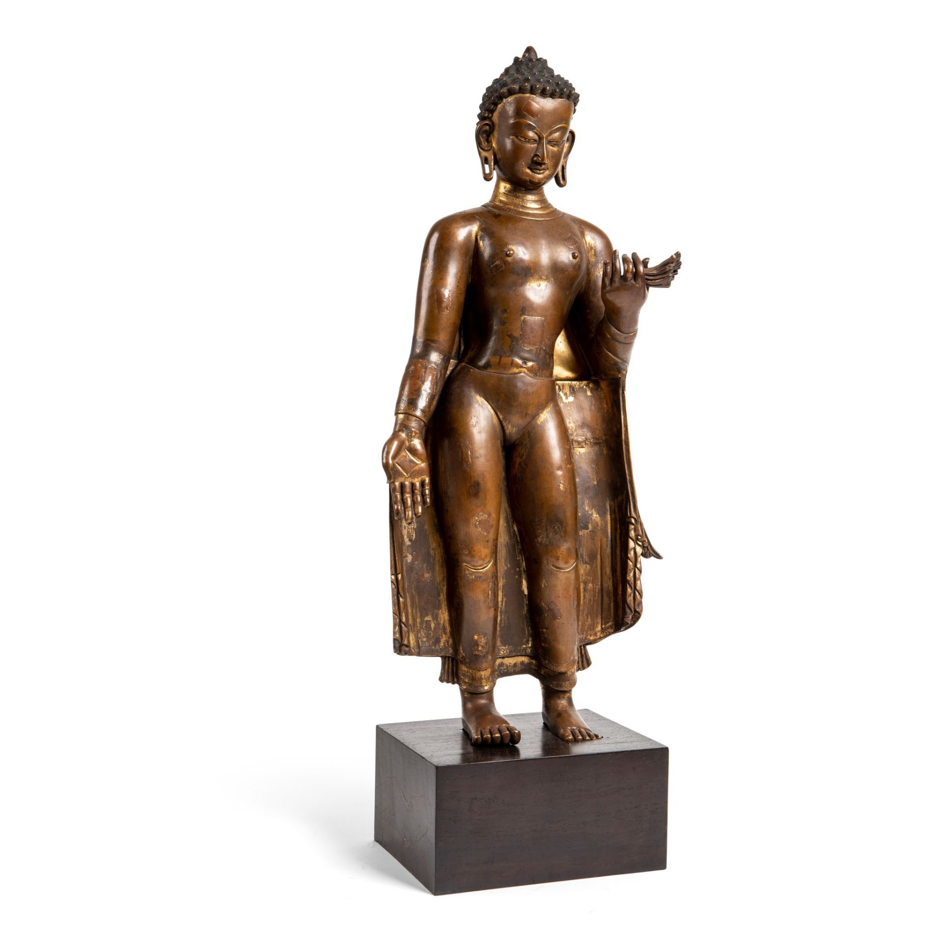 GILT BRONZE STANDING FIGURE OF BUDDHA SHAKYAMUNI POSSIBLY NEPAL - Image 6 of 7
