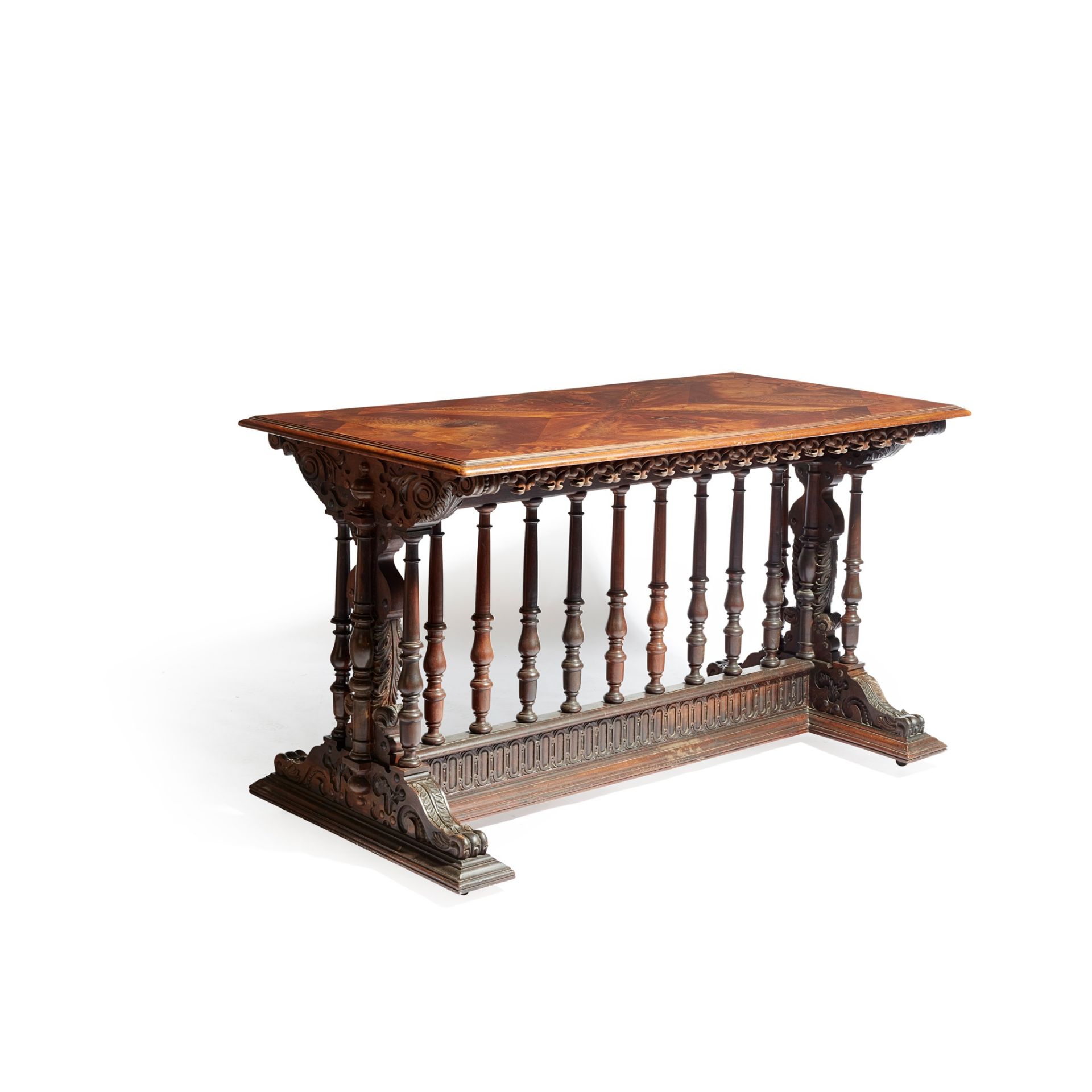 LATE GOTHIC STYLE MAHOGANY AND MARQUETRY LIBRARY TABLE MID 19TH CENTURY - Image 2 of 3