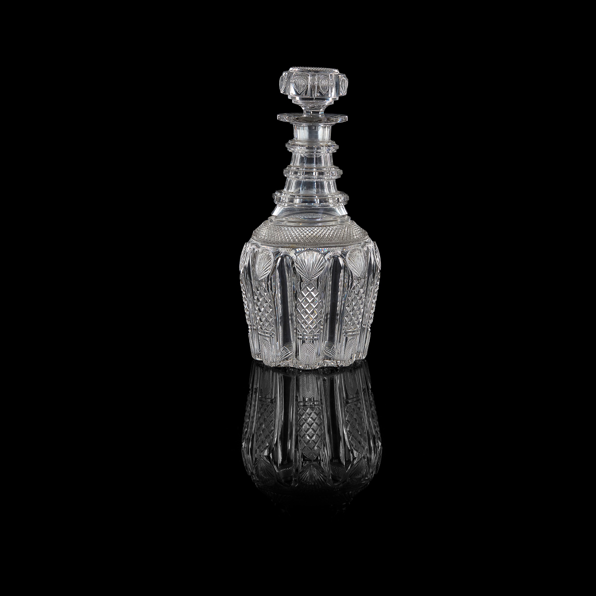 PAIR OF FULL BOTTLE TRIPLE NECK RING DECANTERS AND A MATCHING HALF BOTTLE DECANTER EARLY 19TH - Image 3 of 3
