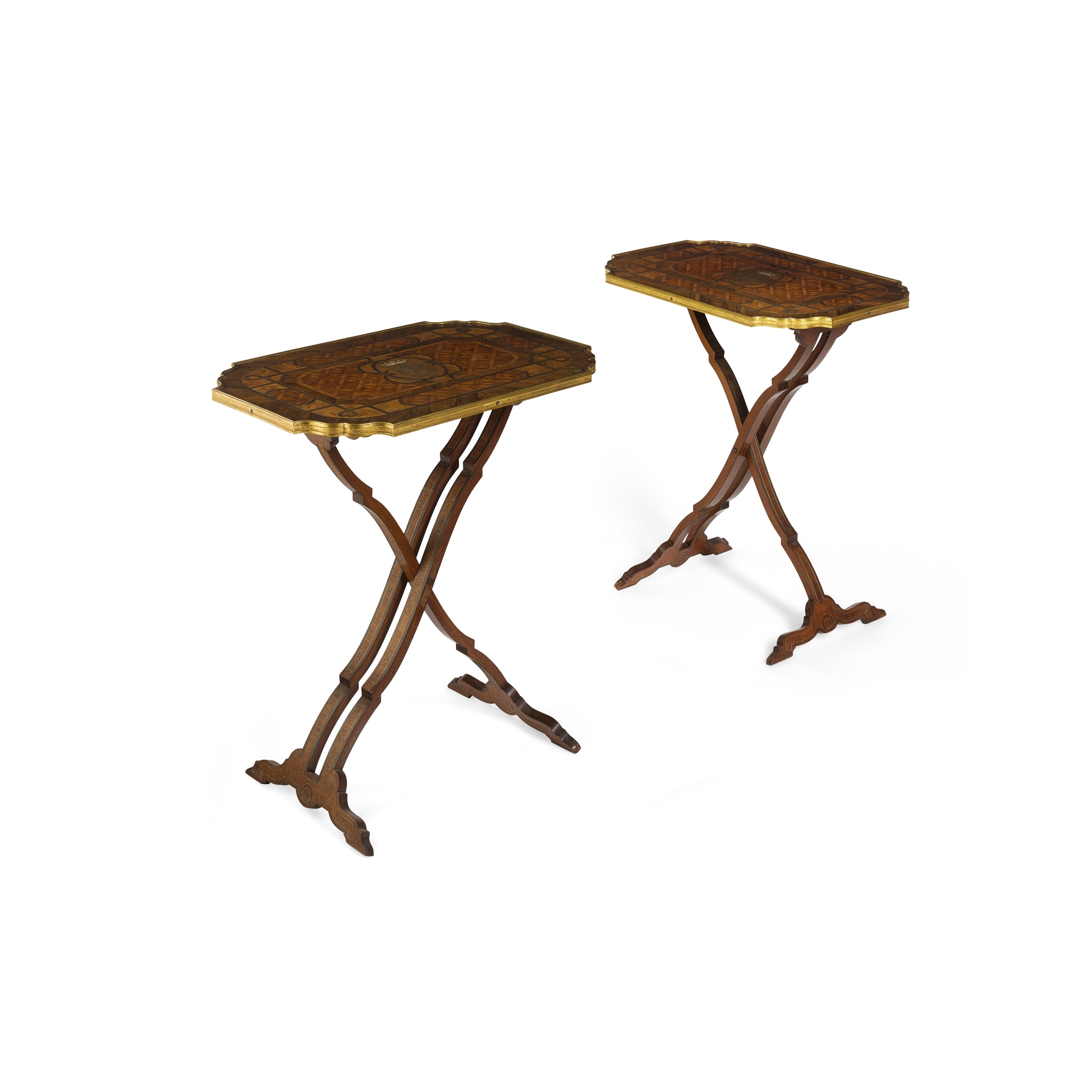 PAIR OF ROSEWOOD MARQUETRY, MOTHER-OF-PEARL, SILVER METAL, AND BRASS BANDED OCCASIONAL TABLES CIRCA
