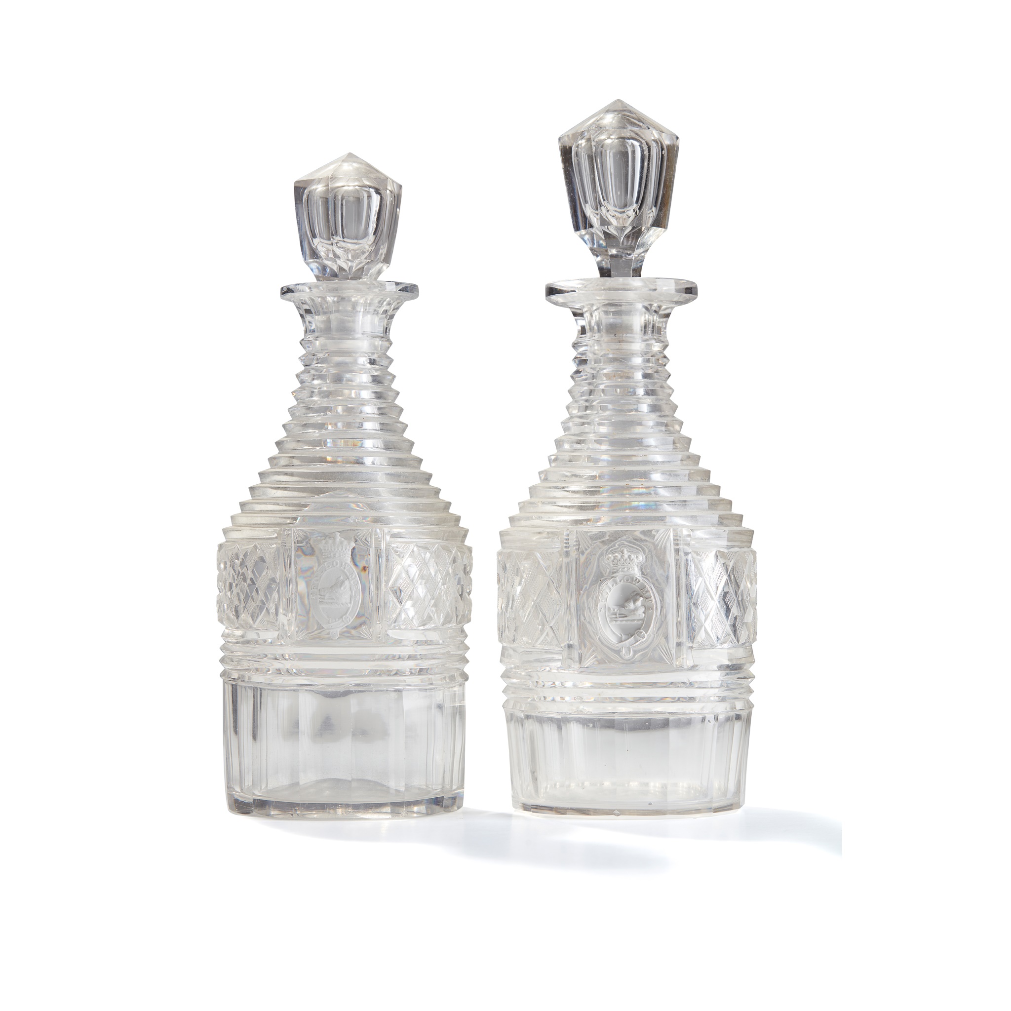PAIR OF FULL BOTTLE DECANTERS BEARING THE BREADALBANE CREST AND MOTTO EARLY 19TH CENTURY