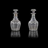 PAIR OF FULL BOTTLE TRIPLE NECK RING DECANTERS AND A MATCHING HALF BOTTLE DECANTER EARLY 19TH