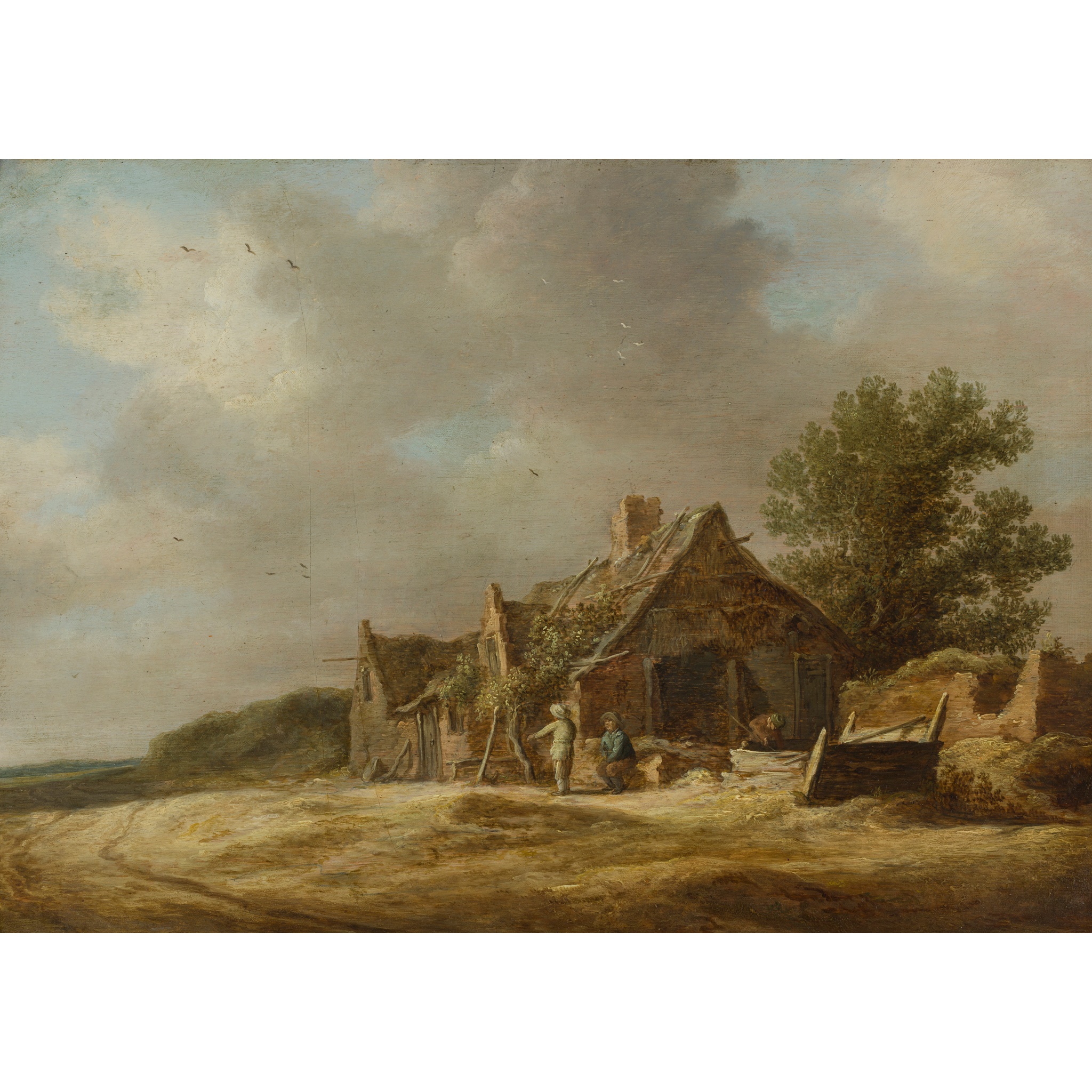 JAN JOSEFSZ VAN GOYEN (DUTCH 1596-1656) FIGURES WORKING BY FARM COTTAGES