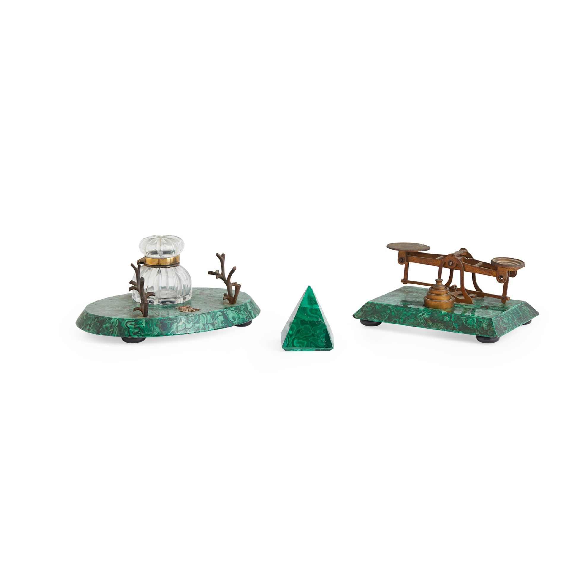 THE MARQUESS OF BREADALBANE'S THREE-PIECE MALACHITE DESK SET MID 19TH CENTURY