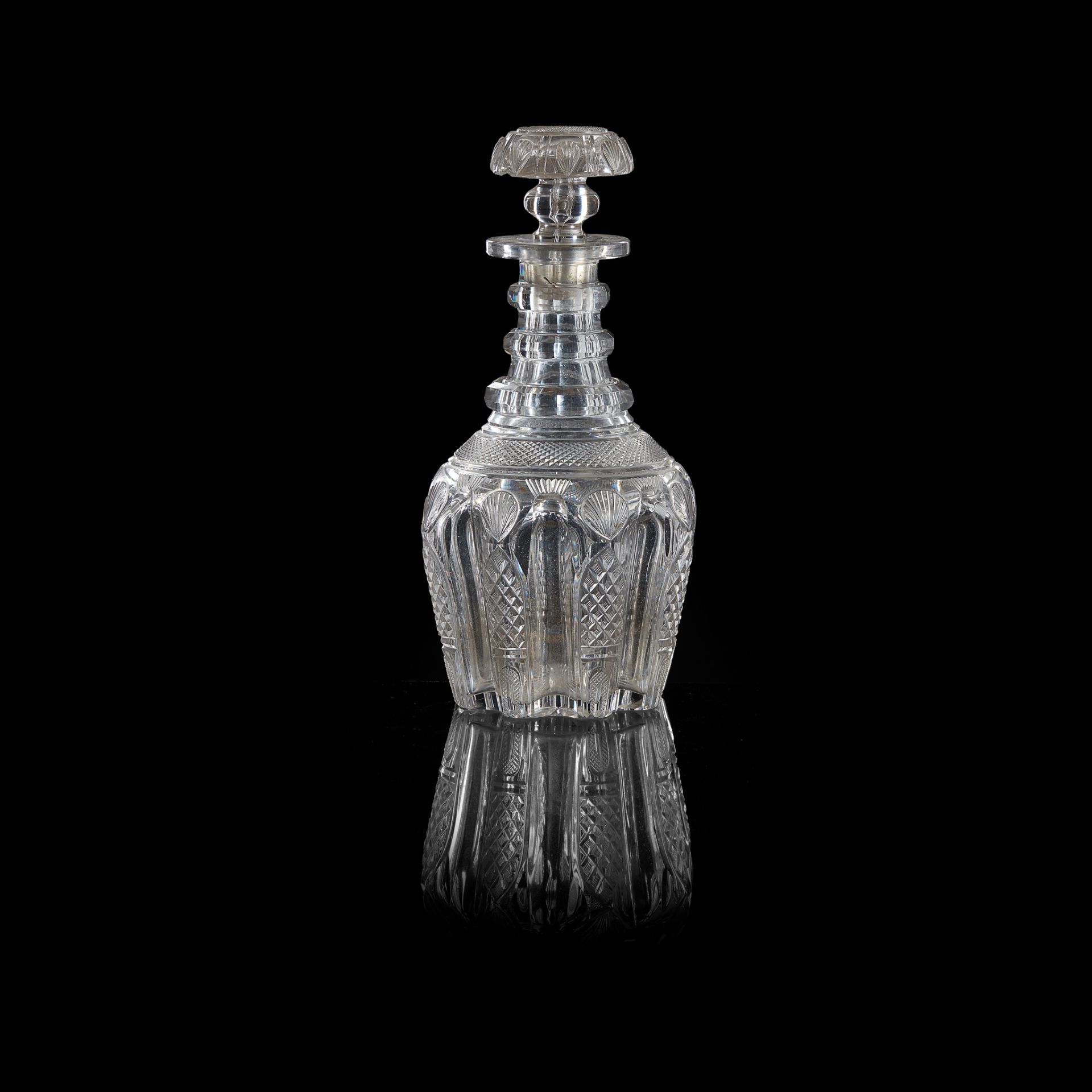 PAIR OF FULL BOTTLE TRIPLE NECK RING DECANTERS AND A MATCHING HALF BOTTLE DECANTER EARLY 19TH - Image 2 of 3