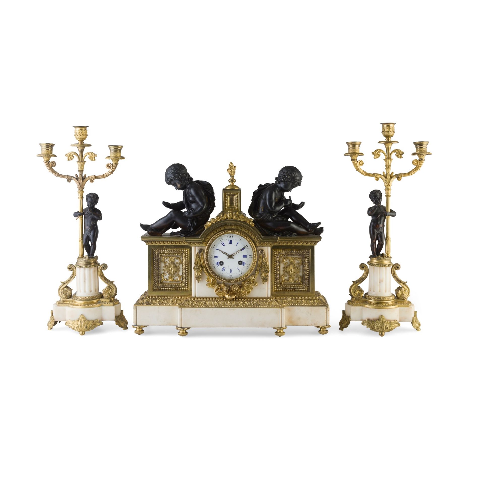 FRENCH MARBLE, GILT AND PATINATED BRONZE THREE PIECE CLOCK GARNITURE 19TH CENTURY