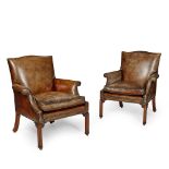 PAIR OF GEORGE III STYLE LEATHER UPHOLSTERED LIBRARY ARMCHAIRS 20TH CENTURY