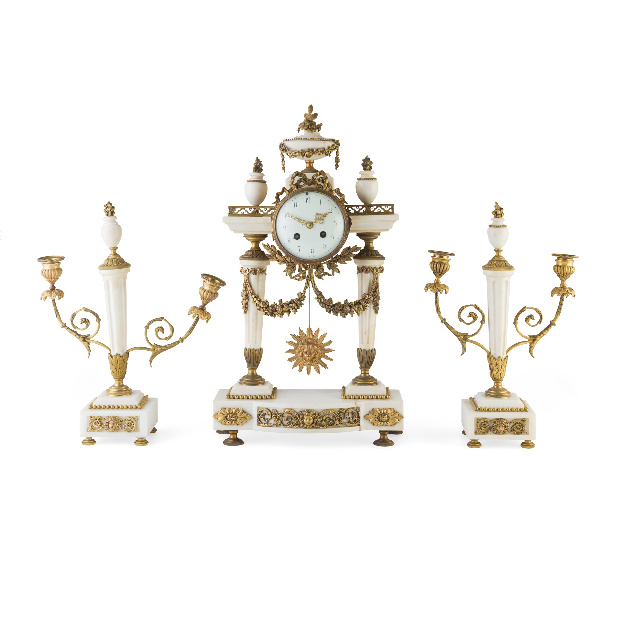 FRENCH MARBLE AND GILT BRONZE THREE PIECE CLOCK GARNITURE LATE 19TH CENTURY